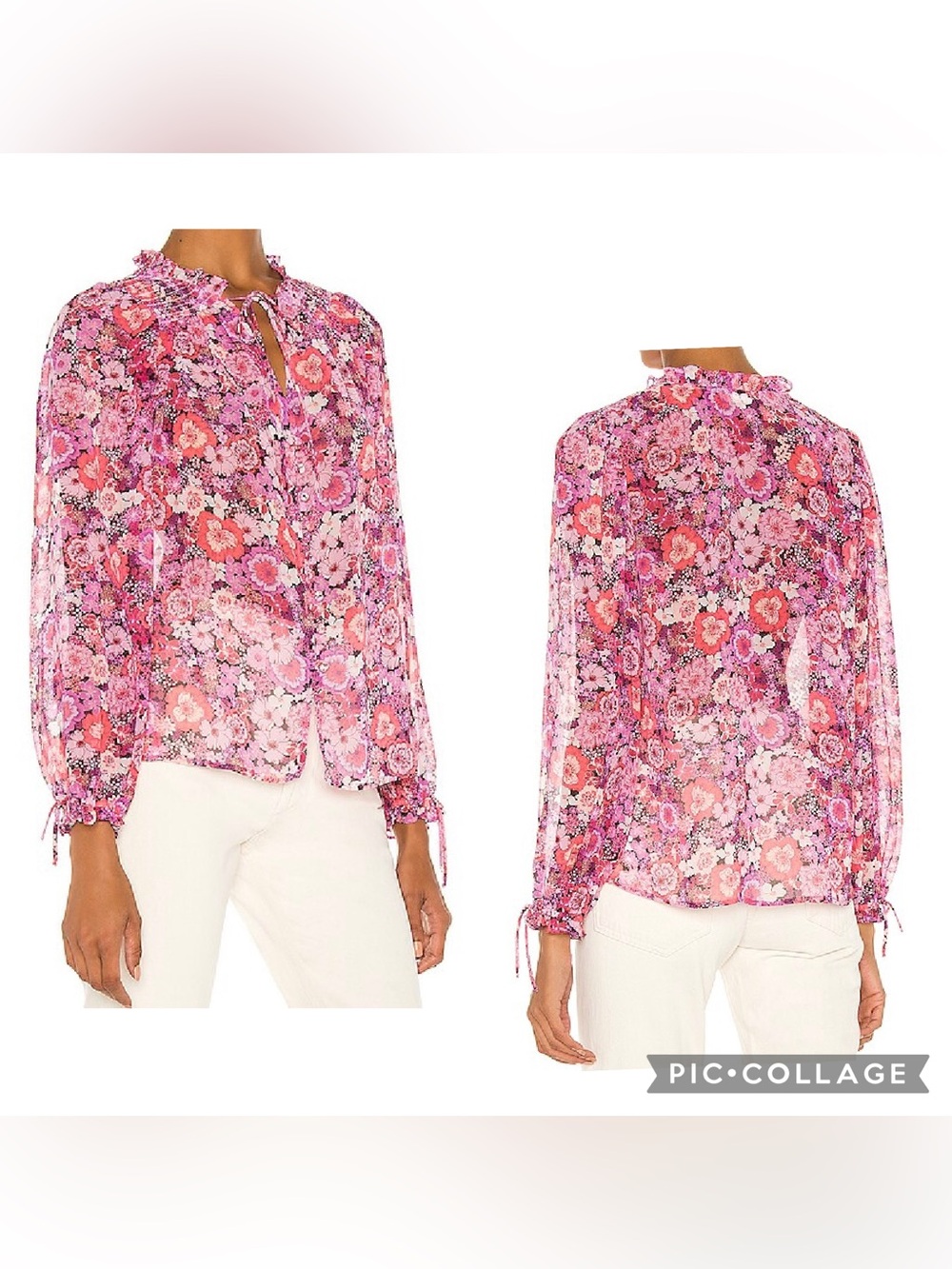 FOR LOVE & LEMONS Women’s Pink Black Floral GRACE Blouse Chiffon Tassels Size S.